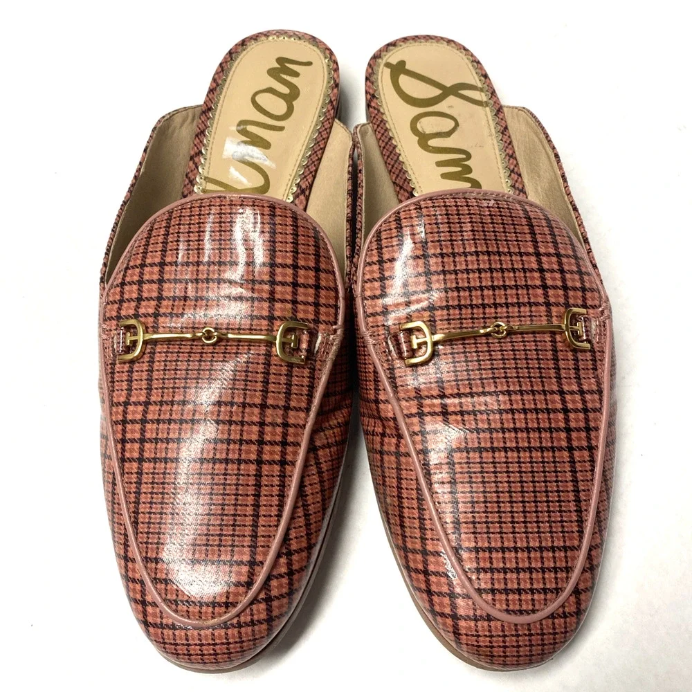 Sam Edelman Linnie Bit Loafer Mule Red Flat Leather Slide Slip Plaid Gingham 10